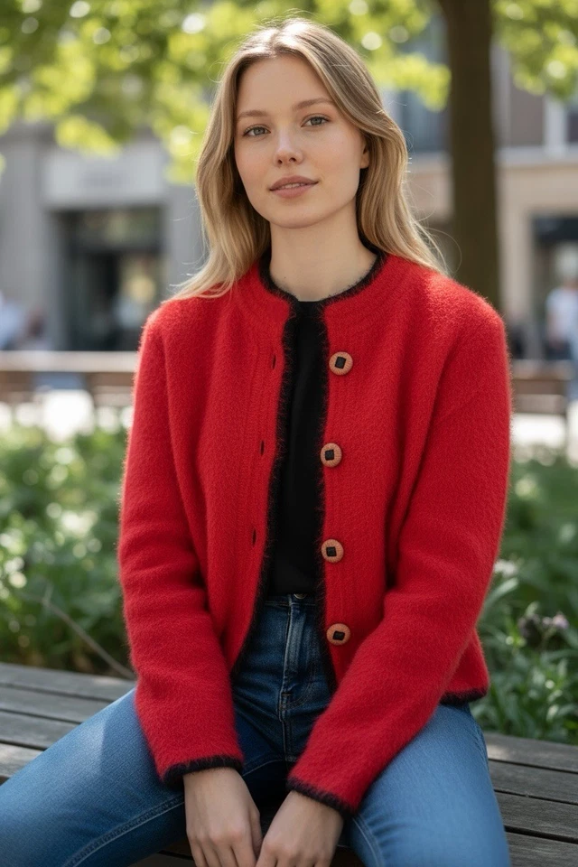 Vtg Venesha Angora Sweater Cardigan Red Blazer Jacket Small - Image 1 of 4