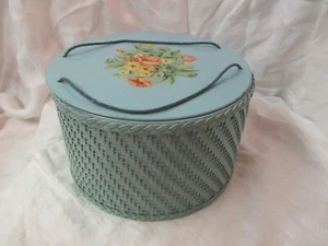 Vintage Harvey blue round wicker woven Sewing Basket - Picture 1 of 7