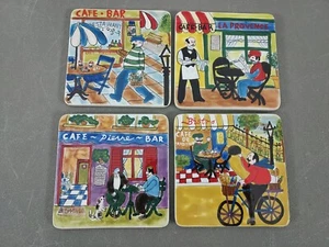 4 French Cafe Bistro Ceramic Painted Cork Backing Drink Coasters 4 1/2" x 4 1/2" - Picture 1 of 7