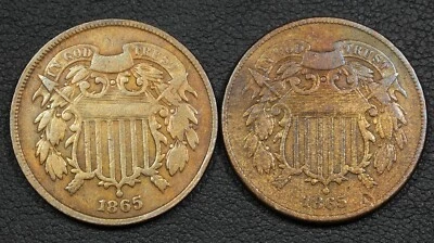 Lot of 2x 1865 Copper Two Cent Pieces 2C: Plain 5 & Fancy 5 (Cleaning) - Image 1 of 3