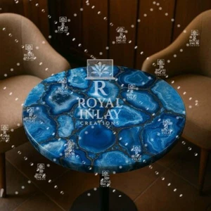 21" Round Blue Agate Stone Dining Table |Natural Crystal Slice Top |centre Table - Picture 1 of 13