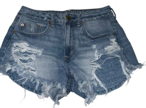 Pantalones cortos de jean American Eagle para mujer 6 azules de tiro alto fesitval desgastados cortados - Imagen 1 de 9