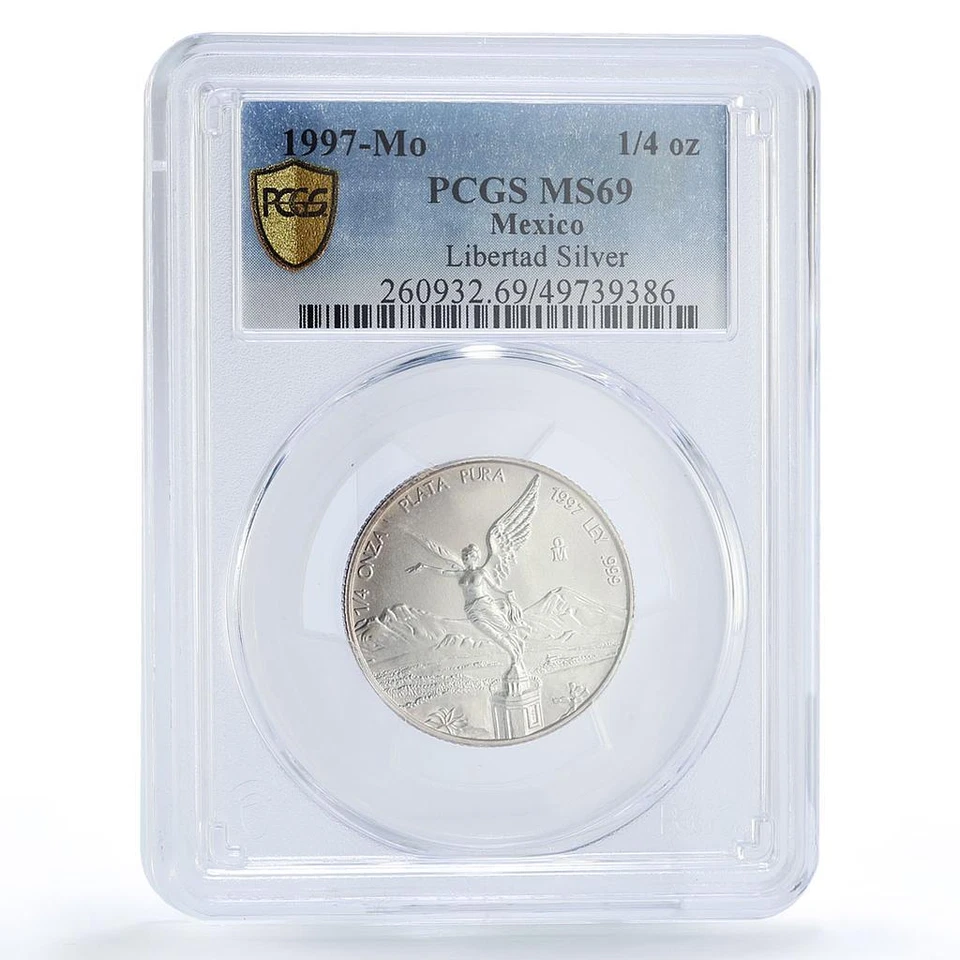 Moneda de plata México 1/4 onza Libertad Ángel de la Independencia MS69 PCGS 1997 Foto 1 de 2