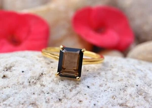 Natural Smoky Quartz Ring Dainty Solitaire Stacking 18k Gold Plated Silver Boho - Picture 1 of 6