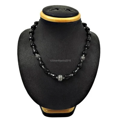 Briolette Naturschwarz Onyx Jubiläum Perlen Blende Halskette 925 Massiv Silber - Bild 1 von 4