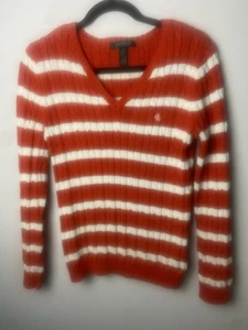 Lauren Ralph Lauren V Neck Cotton Sweater Top Striped Red White Size Small - Picture 1 of 3