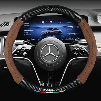 15" Brown Car Steering Wheel Cover Suede Leather+Carbon Fiber For Mercedes Benz Foto 1 de 2