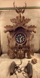 Antique West Germany Black Forest Deer Head Hunter 8 Day Cuckoo Clock LARGE READ - Picture 1 of 22