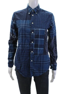 Ralph Lauren Womens Cotton Patchwork Plaid Button Down Blouse Blue Size XS - Image 1 of 4