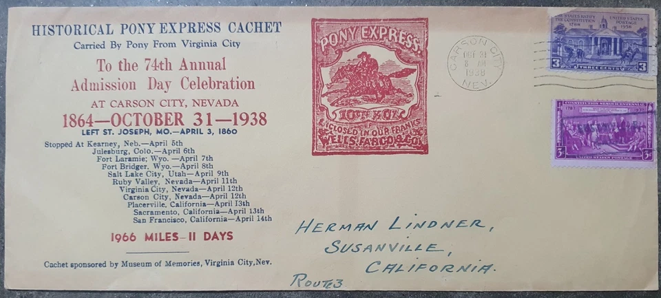 Historical Pony Express Cachet Horse Rider Historic Mail Service 1938 Cover as p - Image 1 of 2