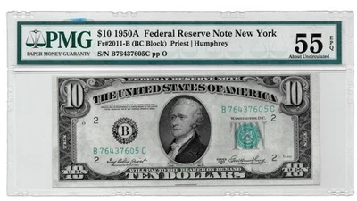 1950A $10 Federal Reserve Note NY District B – PMG 55 EPQ – Fr.2011-B Priest/Hum - Image 1 of 4