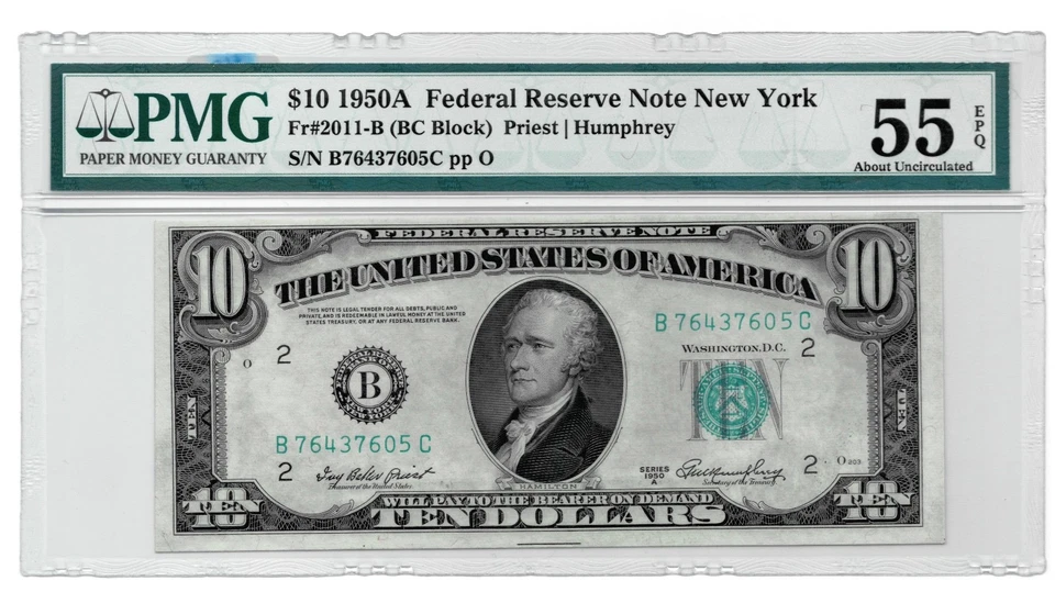 1950A $10 Federal Reserve Note NY District B – PMG 55 EPQ – Fr.2011-B Priest/Hum - Image 1 of 4
