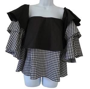 Caroline Constas Off Shoulder Bustier Top Gingham Check Crop Ruffle No Size Tag - Picture 1 of 11