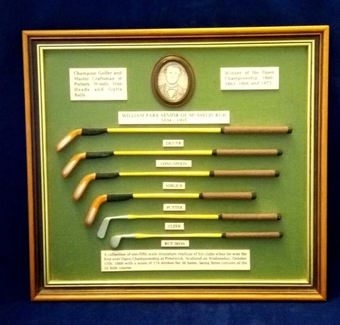 WILLIAM PARK SENIOR OF MUSSELBURGH 1834- 1903 1/5th Scale Golf Clup Set Plaque Cover