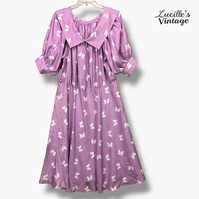 Vestido de té de colección hecho a mano púrpura claro manga abullonada estampado mariposa princesa L/XL? Foto 1 de 4