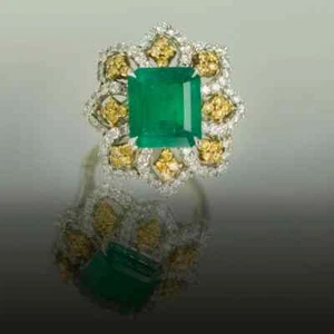 Colombian Emerald Cut 5.86CT Emerald, Yellow Citrine & White CZ Cluster Ring - Picture 1 of 4
