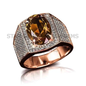 Anello da uomo citrino naturale dichiarazione oro rosa 14 carati anello argento fede nuziale #A565 - Foto 1 di 3