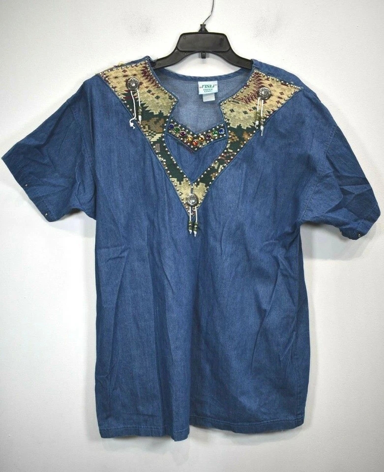 Vintage Super Line Women Aztec Emellished Beaded Short Sleeve Denim Top One Size - Image 1 of 4