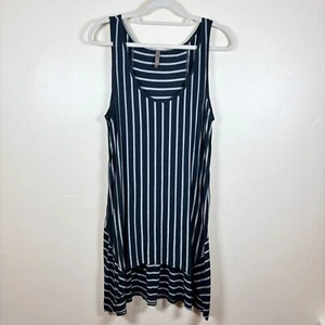 XCVI Top Sz L Blue Gray Stripe Sleeveless Tunic Asymmetrical Hi-Lo Hem Lagenlook - Picture 1 of 6