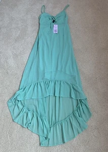 Abito da favola selvaggio donna XS verde acqua orlo alto basso cinturino in chiffon manica a maniche - Foto 1 di 7