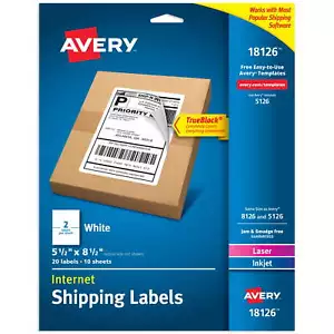 Avery Shipping Labels, 5-1/2" x 8-1/2", Paper, White, TrueBlock®, Laser/Inkjet - Picture 1 of 6