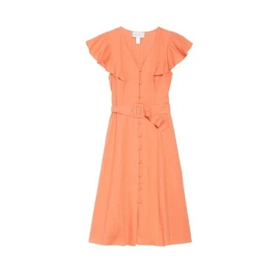 Nuevo con etiquetas Vestido Midi Mujer Donna Morgan Manga Acampanada Cinturón Lino Rayón Naranja 10 Foto 1 de 4