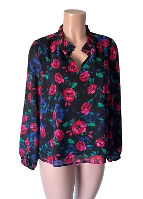 Blusa J CREW Cuello Calado Manga Larga Negra con Flores Rosa y Azul Talla L Foto 1 de 4