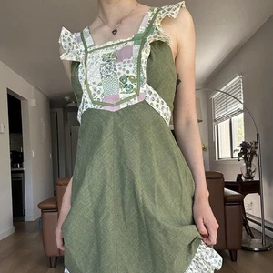 Vintage 1970s Jody T of California Green Apron Prairie Mink Dress - Picture 1 of 8