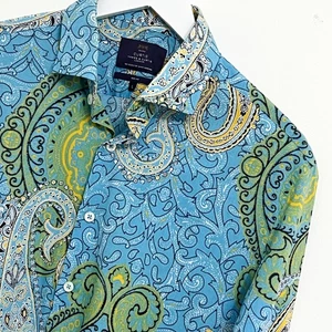 Hawes & Curtis London Shirt Men's Large Long Sleeve Blue Green Paisley - Picture 1 of 10