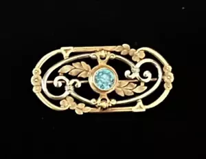 14K Rose Gold Blue Zircon Floral Ornate Brooch Pin Art Deco Style Locking Clasp - Picture 1 of 9