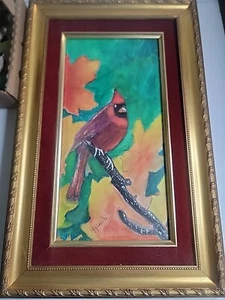 Vintage 1996 Watercolor Cardinal Painting With Vlevet Frame~A. Knox~16 x 10 - Picture 1 of 5