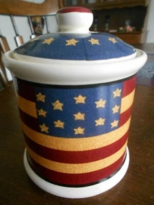 Liberty Cookie Jar Canister 8 1/2" H w lid Jay Import Stoneware White Blue Red ! - Picture 1 of 11