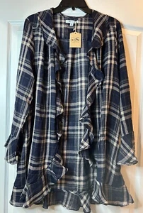 She & Sky Flannel Ruffle Boho Women’s Open Front Cardigan Ruffle Size Medium NEW - Picture 1 of 9