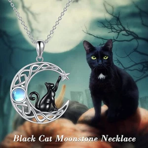 Fashion Moonstone Moon Black Cat Pendant Necklace Clavicle Chain Women Jewelry - Picture 1 of 4