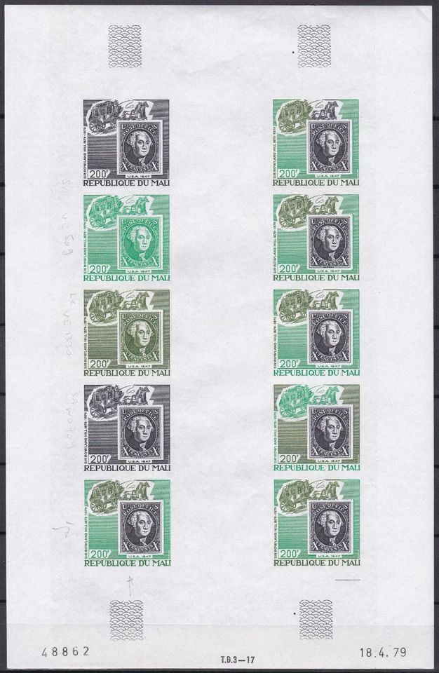 Mali Sc333 Sir Rowland Hill, diligencia y EE. UU. #2, prueba de color, ensayo Foto 1 de 1