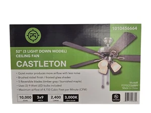 Calstleton PCPG-CF-268-BN 52" Indoor LED Brushed Nickel Ceiling Fan+Light Kit OB - Picture 1 of 9