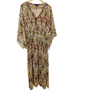 Curations Long Dress 1X Semi Sheer Cover Up Kimono Kaftan Ruffles Flowy Colorful - Picture 1 of 12
