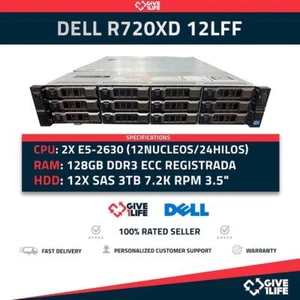 Rack Server DELL PowerEdge R720XD 12LFF 2xE5-2630+128GB+12X3TB+12CADDY 6HGV2 - Picture 1 of 12