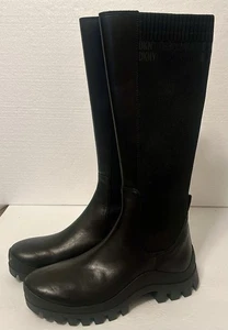 NWOT Women's DKNY Knit Lug Sole Tall Black Leather And Knit Boots - Size 7.5M - Picture 1 of 5