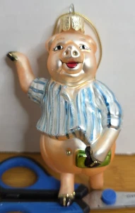 Mundgeblasenes Glasschwein mit blau gestreiftem Hemd mit Geld Weihnachtsschmuck - Bild 1 von 7