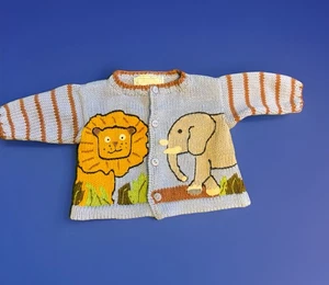VTG ArtWalk Baby Sweater 6M Hand Knit Lion Elephant Cotton Cardigan Peru Double - Picture 1 of 3