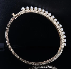 Vintage 13k Gold Cultured Pearl Hinged Bangle 10.6g Val $5680 - Picture 1 of 5