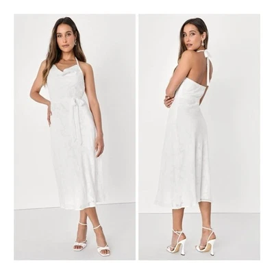 NEW Lulus Graceful Charm White Burnout Floral Jacquard Halter Midi Dress Sz S - Image 1 of 4