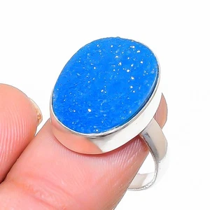 Blue Druzy Gemstone 925 Sterling Silver Jewelry Ring Size Adjustable S228 - Picture 1 of 2