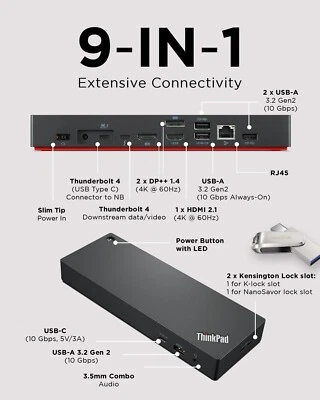 Lenovo ThinkPad Universal Thunderbolt 4 Dock, 4 Displays, Black - 40B00135US - Image 1 of 4