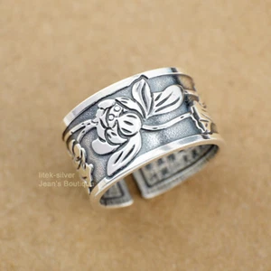 999 Sterling Silver Buddhism Lotus Heart Sutra Open Band Ring Men Women A3625 - Picture 1 of 7