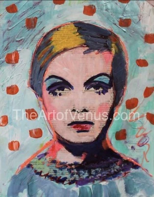 PINTURA ORIGINAL Twiggy Colorido Arte Pop Moderno Moda Modelo Retrato Foto 1 de 4