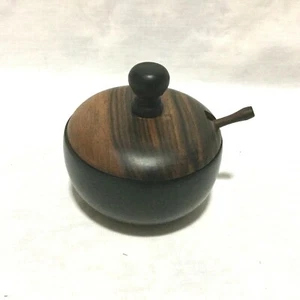 WOOD MINI SUGAR BOWL WITH TOP & SPOON - PHILIPPINES HAND CRAFTED - Picture 1 of 12