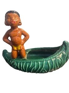 1950's California Gilner Pottery Pixie Happy Cannibal Green Canoe Planter 7”x5” - Picture 1 of 13