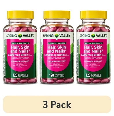 (3pk) Spring Valley Hair Skin & Nails Softgels - 5000mcg Biotin, 120ct - Image 1 of 4
